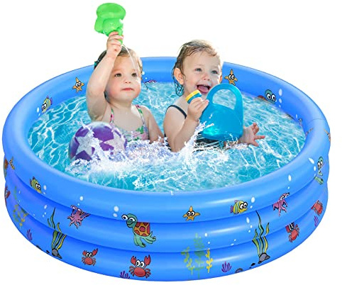 Paddling Pools for Kids, Inflatable Baby Swimming Pool, 3 Ring Paddling Pool with Inflatable Safety Bubble Floor, Small Paddling Swimming Pools for Toddlers Gardens Backyard, Blue/100 * 40cm