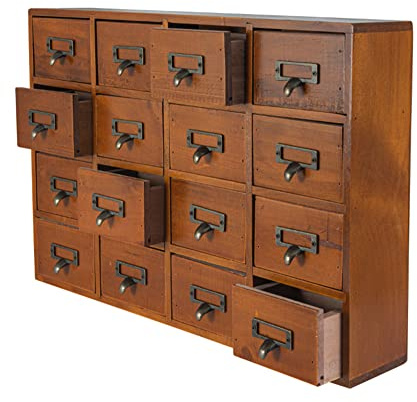 PACKGILO 16 Drawers Apothecary Cabinet with Drawers Tabletop Apothecary Chests and Cabinets Library Card Catalog Cabinet Herb Storage Box Wooden Desk Drawer Organizer Medicine Vintage Furniture(BROWN)