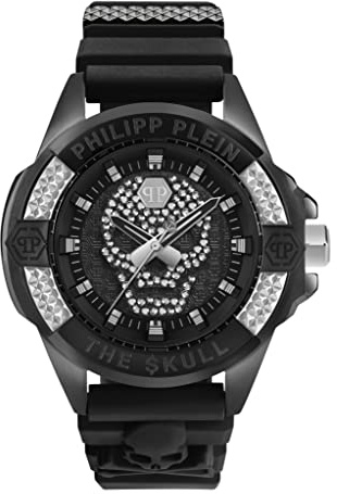 Philipp Plein The Skull Uhr für Herren in der Farbe Schwarz mit Armband aus Silikon, Wasserdichtigkeit: 5 bar, Gehäusedurchmesser: 44 mm, PWAAA1421