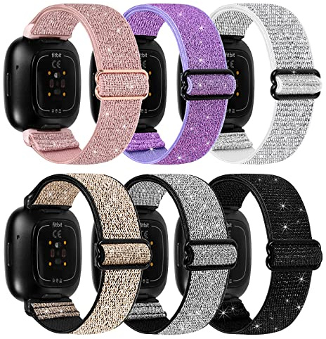 HUYIIO Elastische Nylonbänder, kompatibel mit Fitbit Versa 3/Sense, verstellbare Nylon-Ersatzbänder für Fitbit Versa Smartwatch für Damen und Herren, 6 Stück