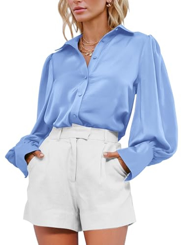 BTFBM Women Blouses Spring Fall Outfits Satin Lantern Long Sleeve Shirts Button Down Dressy Work Business Casual Tops(Blue, Small)