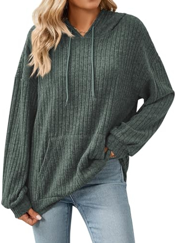 Gemulate Autumn Winter Clothes Women,Long Sleeve Solid Color Knit Sweater Ladies Sweatshirt Tops Casual Plain Jumpers Female Dark Green Large