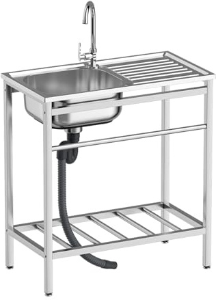 DuyviSteil Free Standing Single Bowl Kitchen Sink, Lightweight Stainless Steel Utility Sink with Dual-inlet Design Faucet for Kitchen, Garage, Backyard