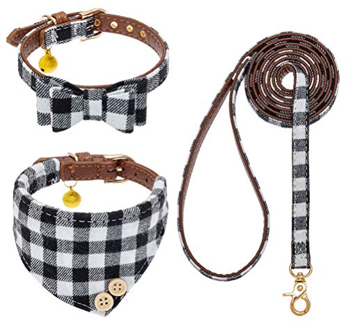 EXPAWLORER Hundehalsband mit Leine - Einstellbarer Hundehalsband mit Tuch und Fliege, haltbarer weicher Hundeleine, moderner Halsband und Leine Set Hund für kleine mittelgroße Hunde, Schwarz Weiß SM