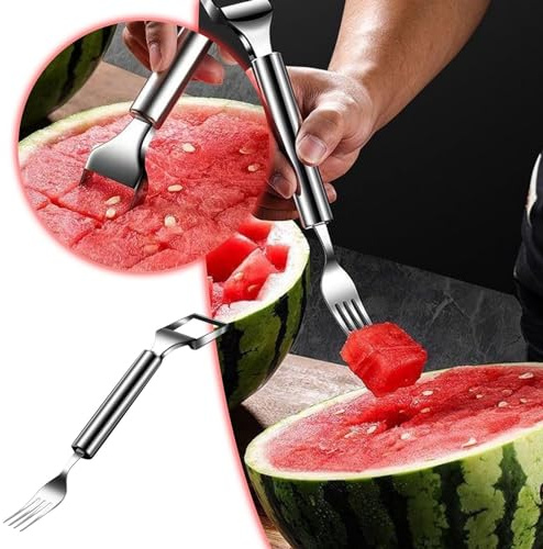 2-in-1 Stainless Steel Fruit Cutter, 2024 New Watermelon Fork Slicer Cutter Slicer Tool, Dual Head Fruit Forks Slicer Knife for Home Kitchen Gadget (Black)