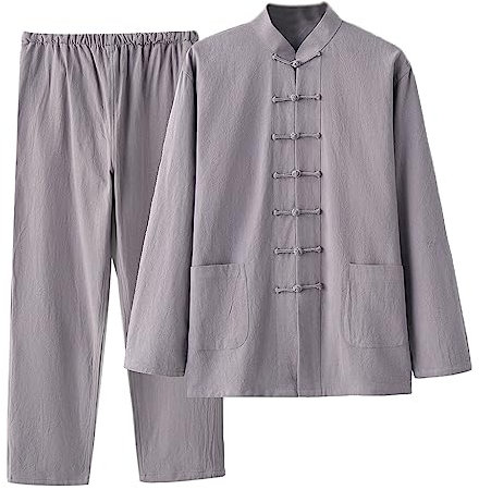 Chinesische Kleidung Tang-Anzug for Herren, traditionelle Kleidung, atmungsaktiv, bequem, Kampfsportanzug, Kung-Fu-Uniform, Baumwolle, Leinen, Tai-Chi-Kleidung, lange Ärmel und Hosen(Gray,XL-XXL)
