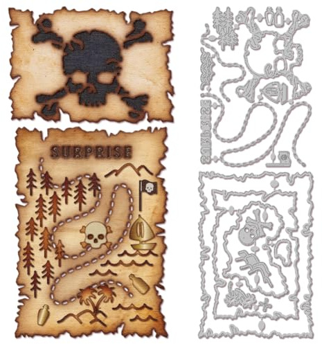 GLOBLELAND Schatzkarte Metall Stanzschablone Totenkopf Papierpräge Stanzschablonen Set Ausgerissener Rand Stanzformen für Kartenherstellung DIY Papier Scrapbooking Handgefertigtes Fotoalbum