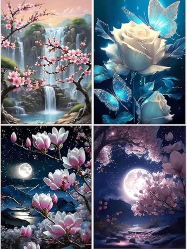 Aimorty 4 Stück 5D Diamond Painting Blumen,Diamants Painting, Diamond Painting Erwachsene Diamant Painting Nette Kunstwerk Dekoration Diamant Beschichtung Stereoskopische Schirm Wand Hängen Werkzeug