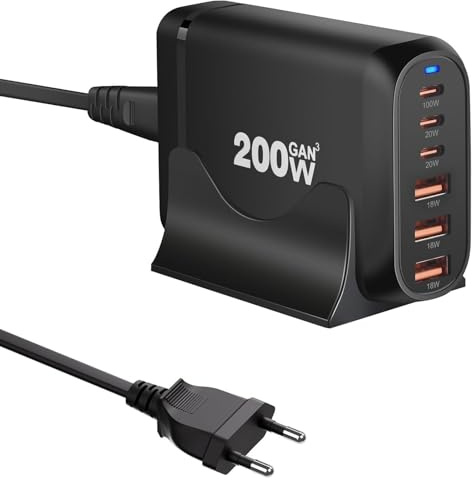 Estación de carga USB de 200 W, 6 puertos, cargador GaN III PD 100 W USB-C y USB-A para ordenadores portátiles y teléfonos (adaptador rápido), compatible con MacBook Pro/Air, Dell XPS, iPhone 15/16/14