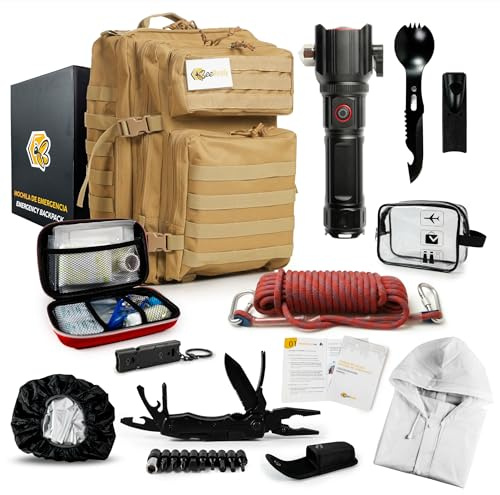 Bee Ready Kit Supervivencia Emergencia Completo – Mochila militar 45L, Linterna LED táctica, Botiquín de primeros auxilios, Cuchillo multiherramienta, Manta térmica– 25 piezas, 3 colores (Marrón)