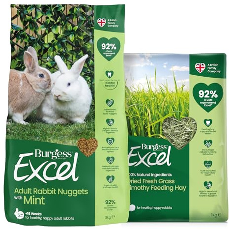 Burgess Excel Rabbit Food & Dried Fresh Grass Value Bundle - 3KG Nuggets & 1KG Dried Fresh Grass Feeding Hay for Adult Rabbits – Dust Extracted Hay & Mint Pellets