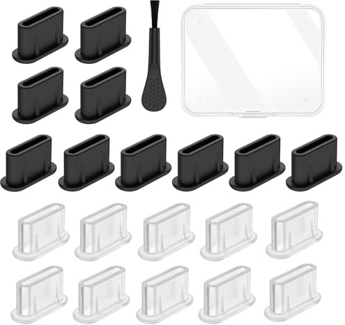 USB C Anti Dust Plugs & Cleaning Brush, Silicone USB C Cover Caps suitable for for All Type-C Smartphones and Tablets Laptops and other electronic device with Type C charging port 10*Black+10*White