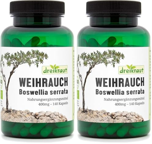 Weihrauch-Kapseln BIO, 140 Stück, 400mg, hochdosiert, Boswellia Serrata, 1600mg je Tagesdosis, 65% Boswellia-Säuren, 100% Indischer Weihrauchextrakt ohne Zusätze, Deutsche Herstellung (Packung mit 2)