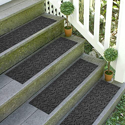 WaterHog Stair Treads, Set of 4, 8-1/2 x 30 inches, Made in USA, Durable and Decorative Floor Covering, Indoor/Outdoor, Water-Trapping, Dogwood Leaf Collection, Charcoal