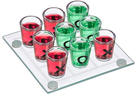 Relaxdays Tic Tac Toe Trinkspiel, für Erwachsene, 2 Personen, 9 Schnapsgläser, JGA, lustiges Partyspiel, transparent