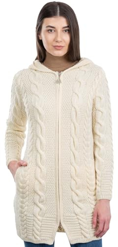 SAOL Aran cardigan irish coat kabel stickad huva dragkedja 100 % merinoull, natur, S
