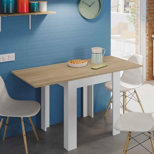 Dmora - Tavolo allungabile Newark, Ripiano da pranzo pieghevole apertura a libro, Tavolo ausiliario richiudibile, 67x67/135h79 cm, Bianco e Rovere