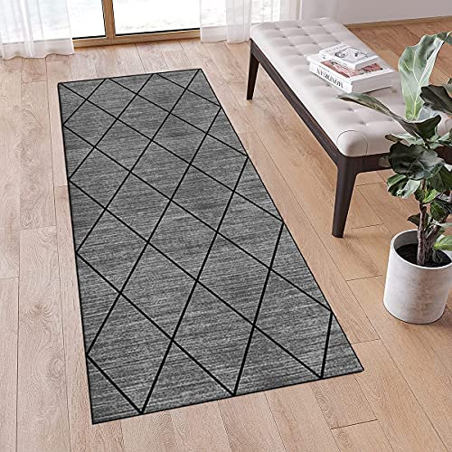 QQrunner Teppichläufer rutschfest Rauten Muster 50x150cm Grau Meterware Waschbar Teppich Läufer Flur Schlafzimmer Korridor Küchenlaufer Lang, Anpassbare Größe, 40-120cm Breit