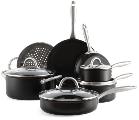 GreenPan Lima Midnight Harteloxiertes gesundes keramisches Antihaft Kochgeschirr-Set, 11-teiliges Topf- und Pfannen-Set,Mit Bratpfanne,Kochtopf,PFAS-frei,Indutkion,Spülmaschinen- und ofenfestt,Schwarz