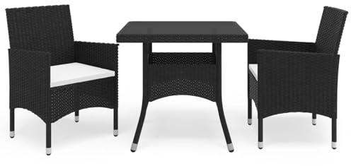 Gecheer 3-TLG. Garten Essgruppe 2 Personen, Sitzgruppe 2+1, Esstisch mit Hartglas-Tischplatte & Stühle mit Sitzkissen, Balkonmöbel Gartenmöbel Set Poly Rattan Schwarz
