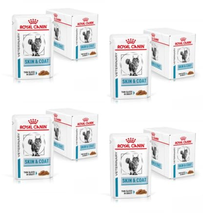 Royal Canin Veterinary Diet Feline Skin & Coat | 4er Pack | 4 x 12 x 85 g | Nassfutter für ausgewachsene Katzen | Feine Stückchen in Soße | Zur Unterstützung der Hautbarriere