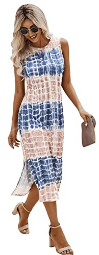 GORGLITTER Sommarklänning, dam, lång, elegant, strandklänning, luftig, maxi, batikklänning, med slits, sommarklänningar, maxiklänningar, damklänningar, Blå och rosa, M