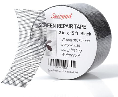 Secopad Cinta Reparadora de Mosquiteras, 50 mm x 4,5 m Kit de Reparación de Parches de Pantallas de Fibra de Vidrio para Pantallas de Puertas y Ventanas, Negro