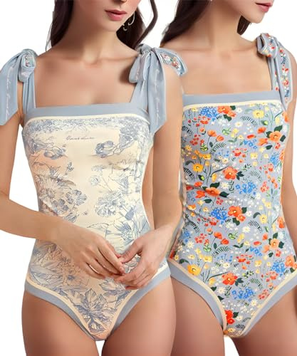 SKAYS Reversible Floral One Piece Swimsuit Women Bathing Suit Vintage Cute with Adjustable Straps Swimwear Blue S