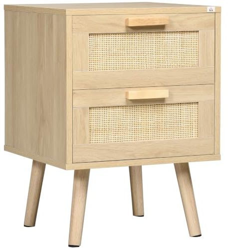 HOMCOM Mesita de Noche de Diseño Boho con 2 Cajones 40x40x56 cm Natural