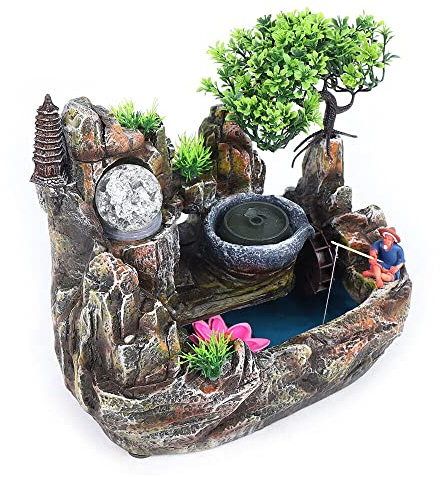 Biggittig Tischbrunnen, LED Wasserfall Desktop Springbrunnen Beleuchtung, Indoor Entspannungsbrunnen mit LED Lichtern - für Wohnzimmer, Schlafzimmer, Büro