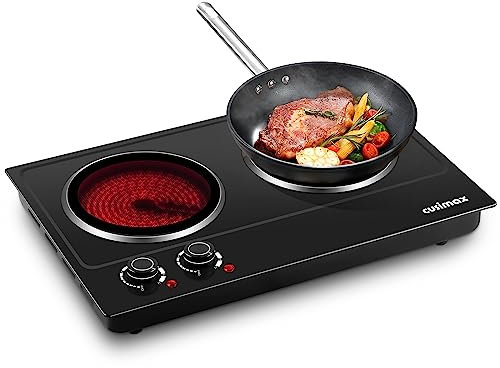 CUSIMAX Plaques chauffantes infrarouges électriques 2er, Plaque de cuisson vitrocéramique 2 feux avec thermostat pour protection contre la surchauffe, idéal pour cuisiner, camping