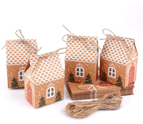24 Stück Mini Geschenkboxen für Weihnachtsfeiern, Niedliche Weihnachtshausboxen mit Seil Bastelpapier Kleine Geschenkbox für Kekse Bäckereien Süßigkeiten Kuchen (Weihnachtsbaum)