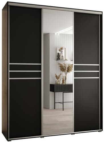 MEBLE KRYSPOL Davos 11 200 Schrank mit DREI Schiebetüren für Schlafzimmer - Moderner Schrank mit Spiegel, Kleiderstange und Regalen - 235,2x200x45 cm - Schwarz Schwarz Silber