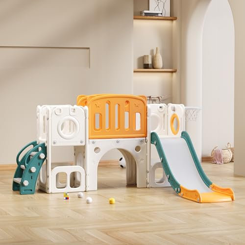 6 in 1 Kinderrutsche Indoor und Outdoor für ab 1-5 Jahr, Kinder Spielplatz mit Rutsche, 2 Plattform, 2 Bodenschrankfächern, Basketballkorb und Treppe, Gartenrutsche (Grün+Orange)