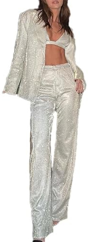 Suncolour Set di Abiti da Donna con Paillettes 3 Pezzi Blazer Pantaloni Scintillanti Reggiseno Set di Abiti da Donna con Paillettes