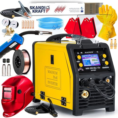 Magnum MIG 220 Alu/Cu LCD - 3 en 1 poste a souder MIG avec gaz et à fil fourré entièrement synergique - Programmes de soudage de l'aluminium, de la soudobrasage et de l'acier - Kit premium