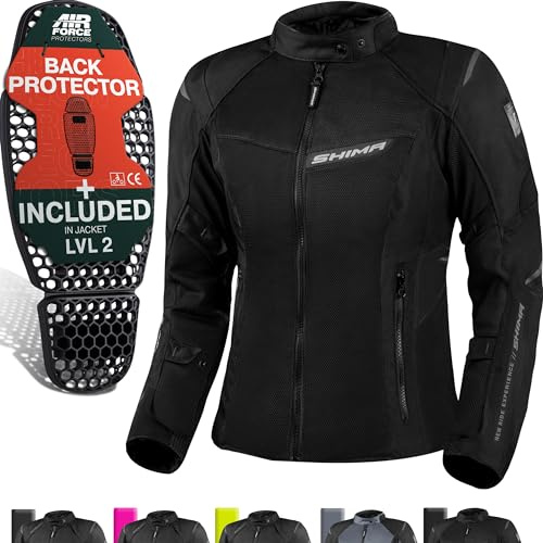 SHIMA RUSH Motorrad Jacke Damen mit Protektoren Mesh | AIRFORCE Rückenprotektor | Sommer Luftig Motorradjacke Wasserdicht Motorradkombi Motorradhose Touren (Schwarz, Frauen, Textilejacke, Größe M)
