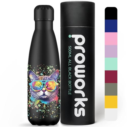 PROWORKS Bouteille d'eau Isotherme, sans BPA, réutilisable en Acier Inoxydable, Chaude Pendant 12 Heures et Froide jusqu'à 24 Heures, Sport, Salle de Sport, 500ml, éclaboussures de Peinture, Chat