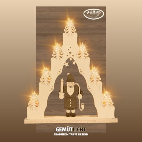 weigla - Lichterspitze original Erzgebirge I Motiv Räuchermann I LED Lichterbogen Weihnachten I 7 Lampenkerzen + 1 Ersatzlampe I 7 x 34 V, 0,2 W, E10 I beleuchtete Weihnachtsdeko innen I aus Holz