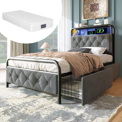 Kayan Polsterbett 90x200 mit LED und USB, Einzelbett mit 2 Stauraum Schubladen, Polster Kopfteil mit Regal, Stauraumbett Metallbett Jugendbett Bettgestell, Samtstoff (Grau, Mit Matratze, 90×200 cm)