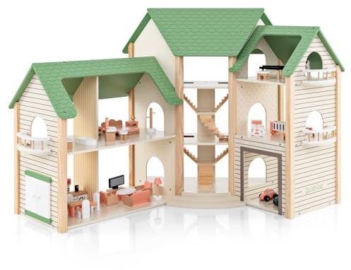 COSTWAY Wooden Dollhouse, Luxury Kids Dolls House with 6 Rooms, Garage, 36pcs Furniture Accessories, Stairs & Balcony, 3-Story Toddler Play Set for Ages 3+