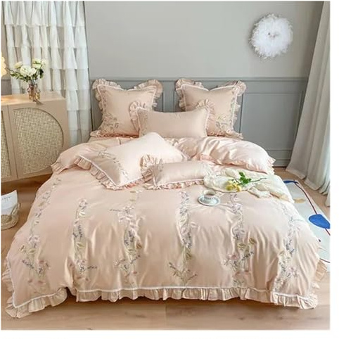 Conjunto de colcha , Juego de cuatro piezas de algodón de fibra larga, 100% totalmente de algodón puro, Sábana con volantes y bordado de corazón Compatible with niña, funda de edredón, ropa de cama(Be
