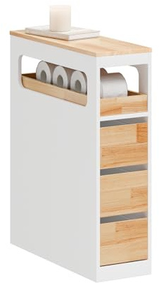 SoBuy Mueble Baño Estrecho - Cajonera Baño con Estante Ajustable, Mueble Almacenaje con 3 Cajones y Ruedas para Rincones y Huecos Pequeños, Blanco y Color Madera 65x23x82cm BZR54-IV-WN