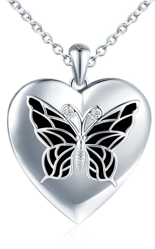 MICMIF Argento 925 Foto Medaglione Cuore con Farfalla Collana Donna Ciondolo Portafoto Personalizzata, Collana Locket Apribile per 2 Foto, Catena 45+5cm per Donne Ragazze Mamma