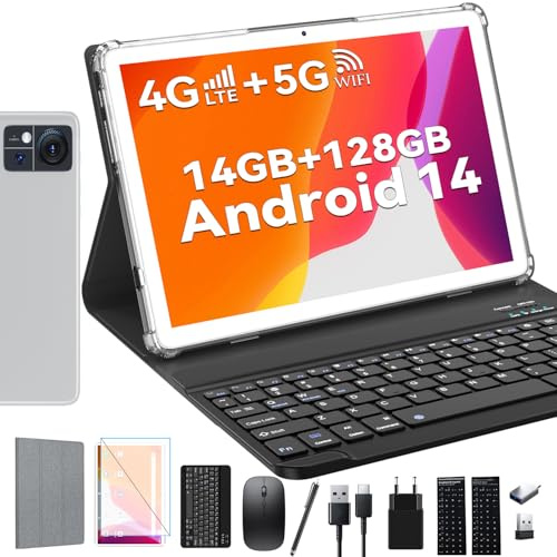 ZONKO Tablet Android 14 Tablets 10 Zoll, 4G LTE Tablette mit SIM Slots, 5G WiFi Tablet PC mit Tastatur Maus Stift | 14GB+128GB(1TB TF) |13MP+8MP| 8000 mAh|8-Core| Bluetooth 5.0| 1080FHD|GPS|GMS-Silver