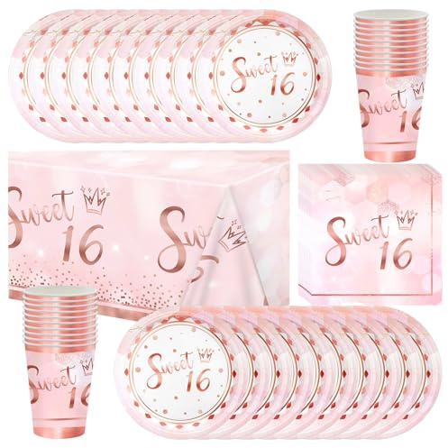 61 Stück Roségold 16 Geburtstag Party Geschirr,Mädchen Prinzessin Party Geschirr,Enthält Papiertassen, Servietten, Pappteller und Tischdecken für 20 Personen Geburtstagsfeier Set