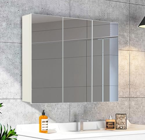 ZBAOLTO Spiegelschrank Bad für Badezimmer Weiß Holz 70x16x63 cm | Spiegelschrank Badezimmerschrank mit Spiegel 3 Tür 6 Ablagefach,Mirror Cabinet, Bathroom Cabinet Modern