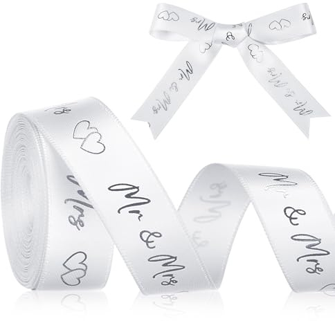 Xinnun Hochzeit Schleifenband 4,5 m x 15 mm Hochzeit Geschenkband, Silber | Mr & Mrs Deko Hochzeit Geschenkband, Herz Satinband, Hochzeitsband für Hochzeitsdeko, Geschenkpapier Hochzeit DIY