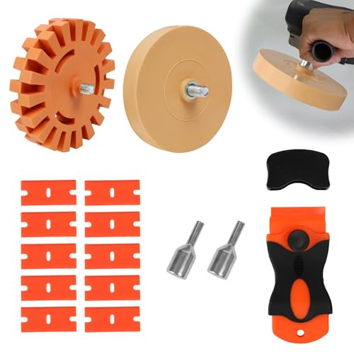 2 Folienradierer mit Adapter, Aufkleber Entferner, Radierscheibe von Folien und Kleberesten am Fahrzeug, ø100 mm & ø88 mm Folienradierer, inkl. 1 Metall Klebstoffentfernungsklinge, 5 Kunststoffklinge