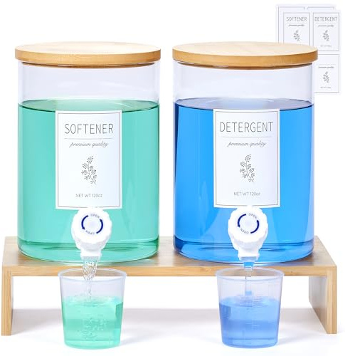 Laundry Detergent Dispenser with Bamboo Lids, Shelf, Taps, 8 Waterproof Labels, 2 Measuring Cups for Liquid Detergent - 2 Packs of 3.5 ml Glass Containers